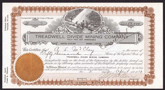 Treadwell Divide Mining Company - Certificate #9 - 1919