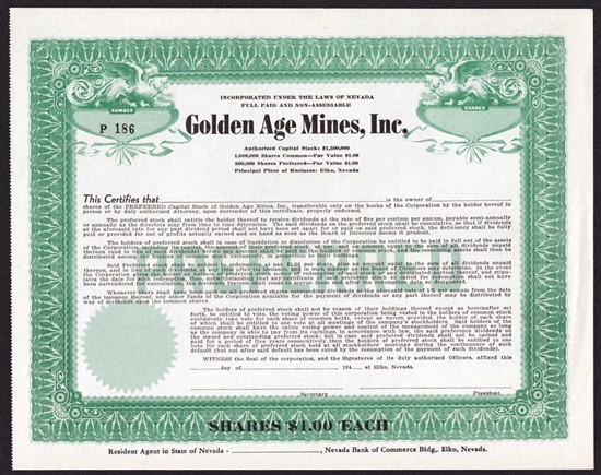 Golden Age Mines, Inc. Stock Certificate - Nevada