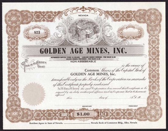 Golden Age Mines, Inc. Stock Certificate - Nevada