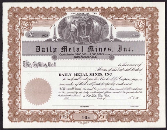 Daily Metal Mines, Inc. Stock Certificate - Utah