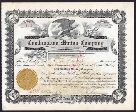 Combination Mining Company Stock Certificate  - 1908 - Utah