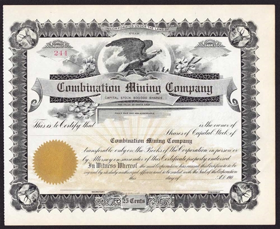 Combination Mining Company Stock Certificate  - Utah