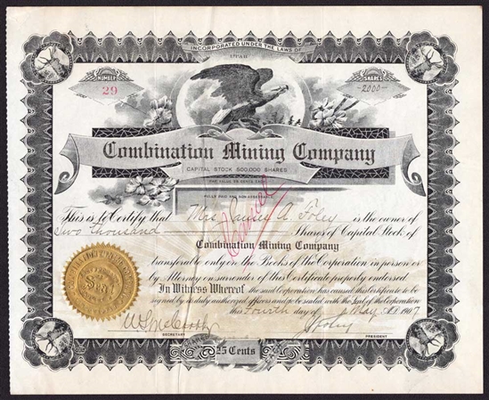 Combination Mining Company Stock Certificate  - Utah