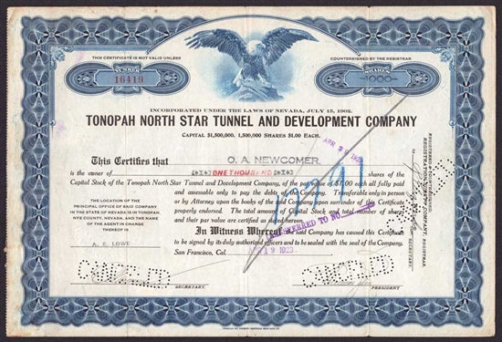 Tonopah North Star Tunnel & Development Company - 1923