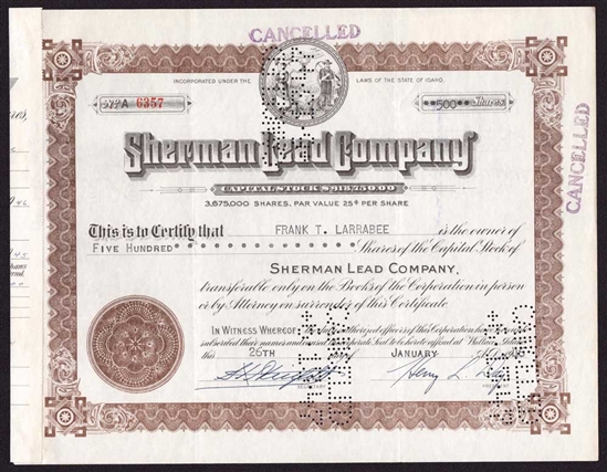 Sherman Lead Company - Signed by Henry L. Day