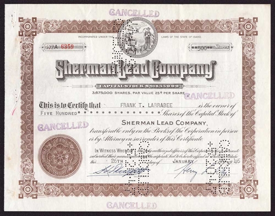 Sherman Lead Company - Signed by Henry L. Day