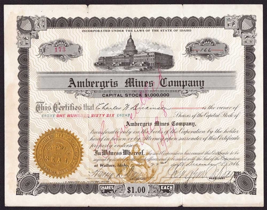 Ambergris Mines Company - Signed by Eugene R. Day