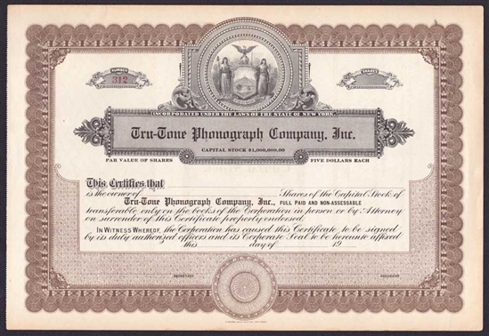 Tru-Tone Phonograph Company Inc. Stock Certificate
