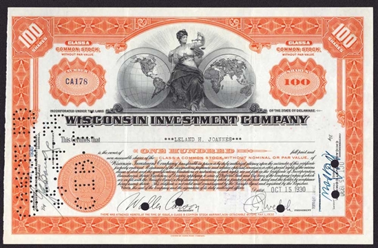 Wisconsin Investment Company Stock Certificate - 1930