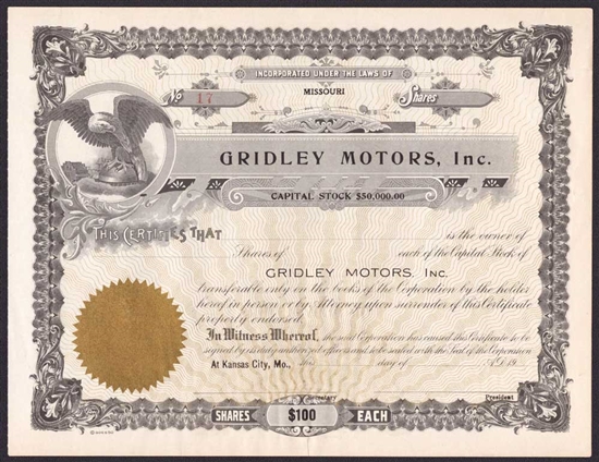 Gridley Motors, Inc. Stock Certificate - Kansas City