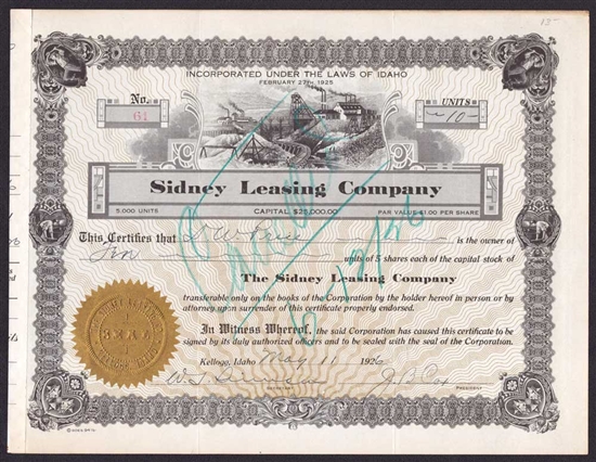 Sidney Leasing Company - 1926 - Idaho