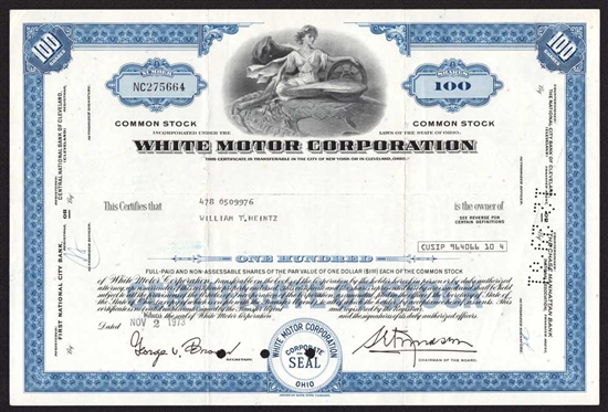 White Motor Corporation  Stock Certificate - 1973 - Now Volvo