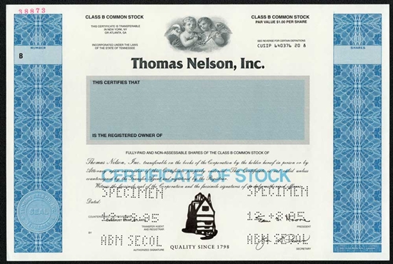 Thomas Nelson Inc Specimen Stock Certificate
