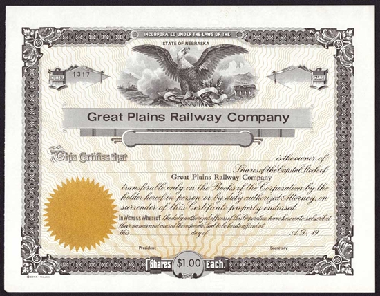 Great Plains Railway Company Stock Certificate