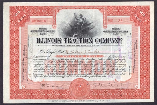 Illinois Traction Company Stock Certificate - 1917