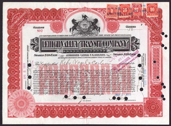 Lehigh Valley Transportation Stock Certificate - 1915