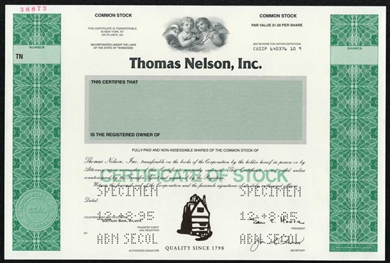 Thomas Nelson Inc Specimen Stock Certificate