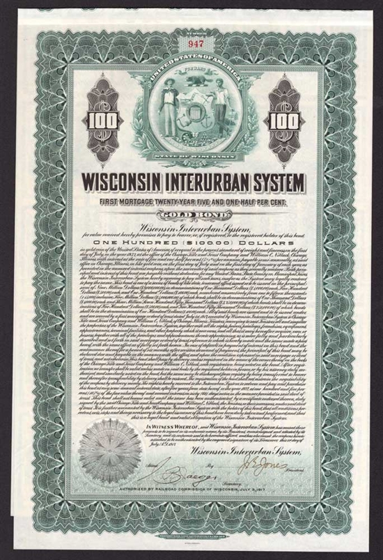 Wisconsin Interurban System Gold Bond - 1917