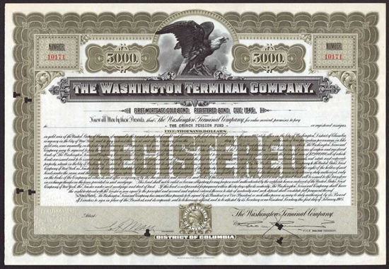 The Washington Terminal Company $5000 Gold Bond - 1905