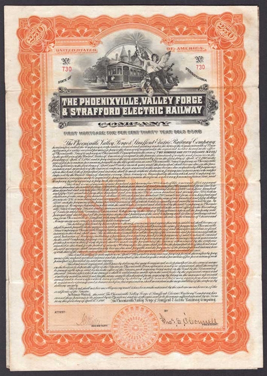 The Phoenixville, Valley Forge & Strafford Electric Railway Gold Bond - 1910