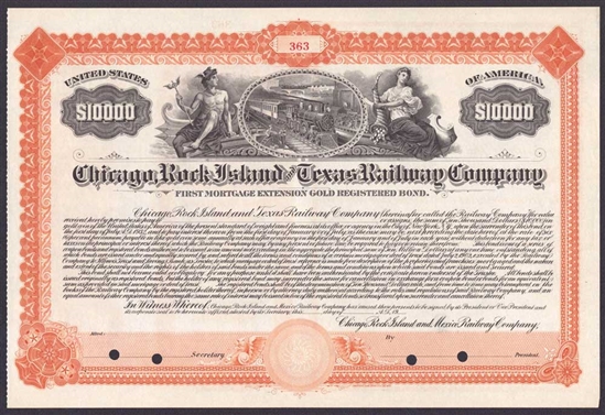 Chicago, Rock Island & Texas Railway $10,000 Gold Bond