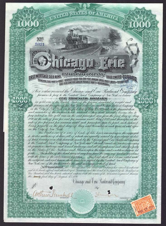 Chicago and Erie Railroad Company $1000 Gold Bond - 1890