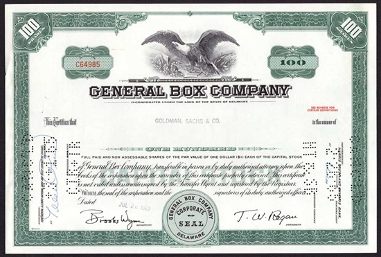General Box Company Stock Certificate - 1962