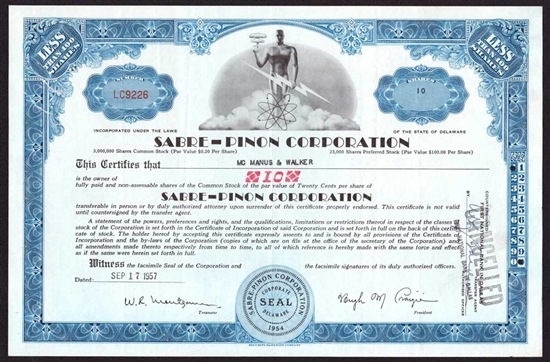 Sabre-Pinon Corporation Stock Certificate
