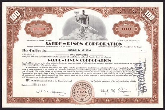 Sabre-Pinon Corporation Stock Certificate