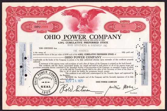 Ohio Power Company Stock Certificate - 1970
