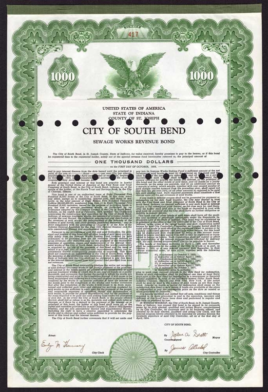 City of South Bend Sewage Works Revenue Bond - 1954