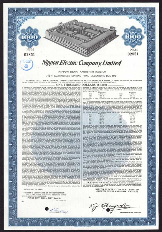 Nippon Electric Company, Ltd $1000 Bond - 1969