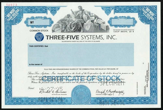 Three-Five Systems Inc Specimen Stock Certificate