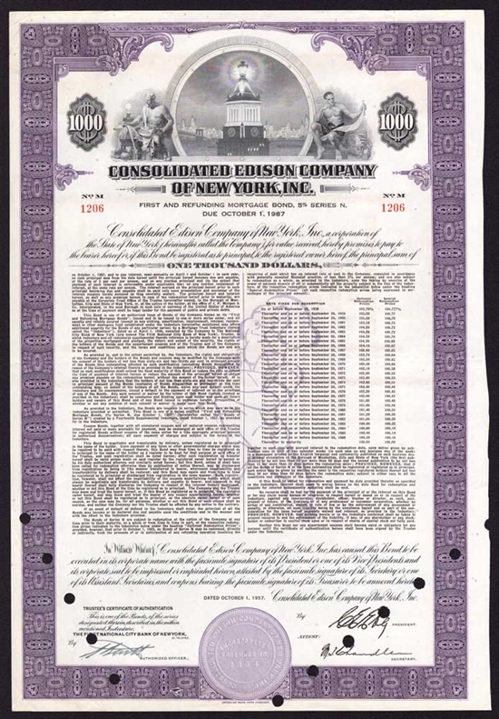 Consolidated Edison Company of New York $1000 Bond - 1957