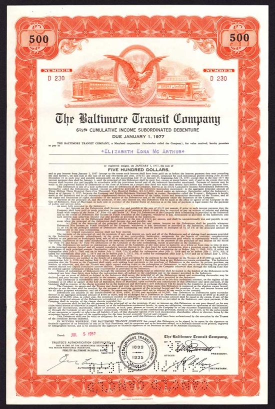 The Baltimore Transit Company Bond - 1957