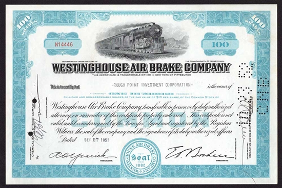 Westinghouse Air Brake Company Stock Certificate