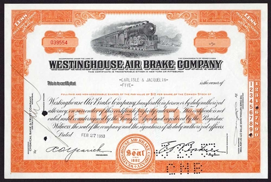 Westinghouse Air Brake Company Stock Certificate