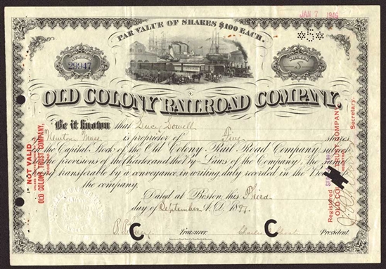 Old Colony Railroad Company Stock Certificate - 1897