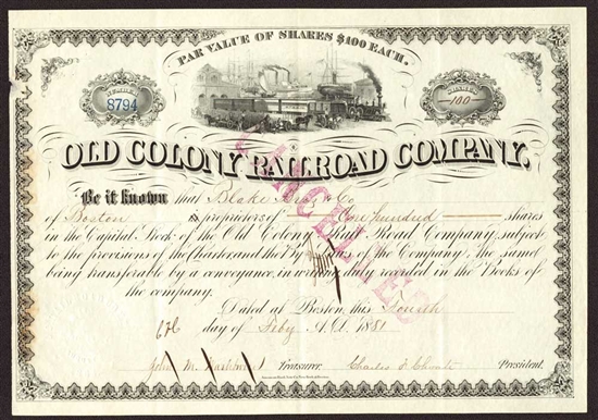Old Colony Railroad Company Stock Certificate - 1881