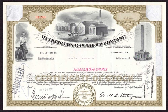 Washington Gas Light Company Stock Certificate