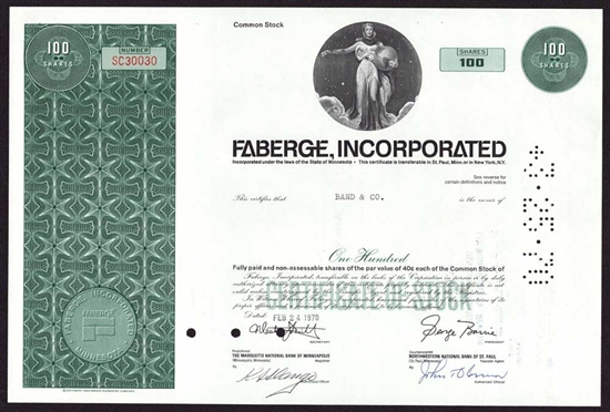 Faberge, Inc Stock Certificate - 1970