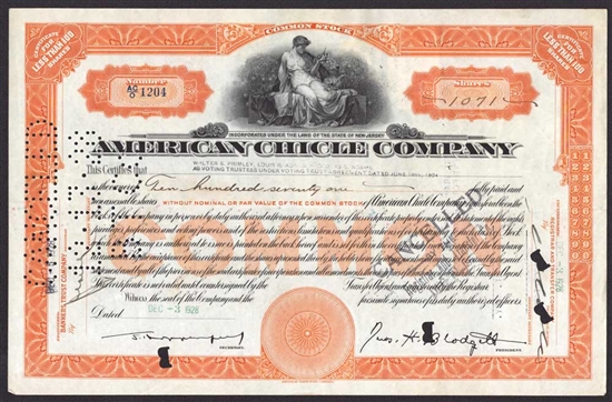 American Chicle Company Stock Certificate - 1928