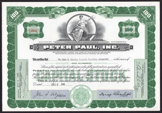 Peter Paul, Inc. Stock Certificate