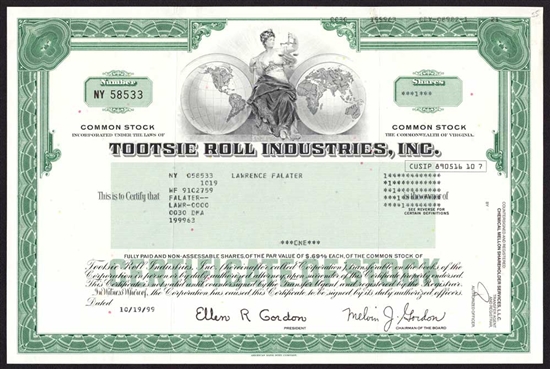 Tootsie Roll Industries, Inc. Stock Certificate