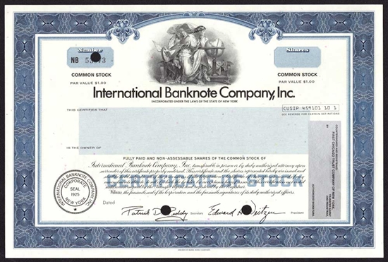 International Banknote Company, Inc. Stock Certificate