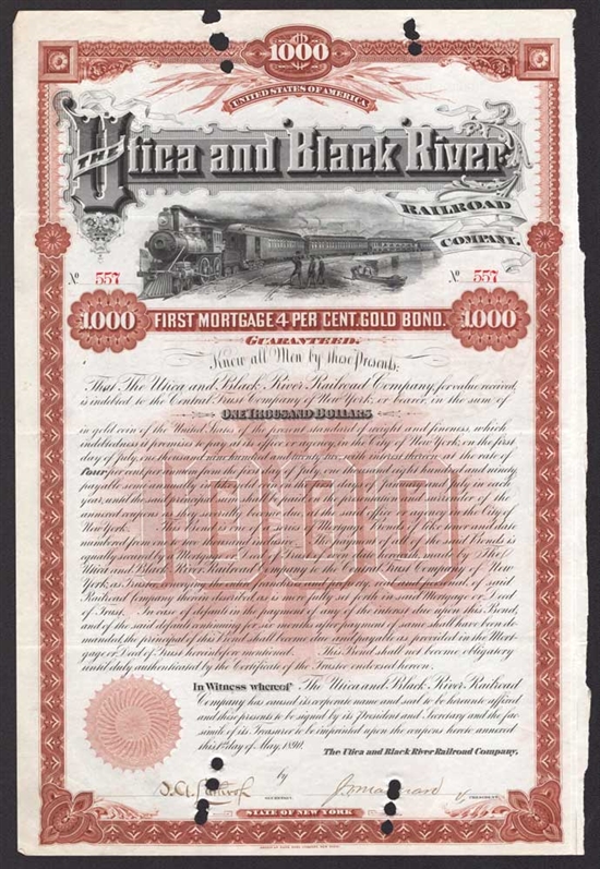 The Utica and Black River Railroad Company $1000 Gold Bond - 1890