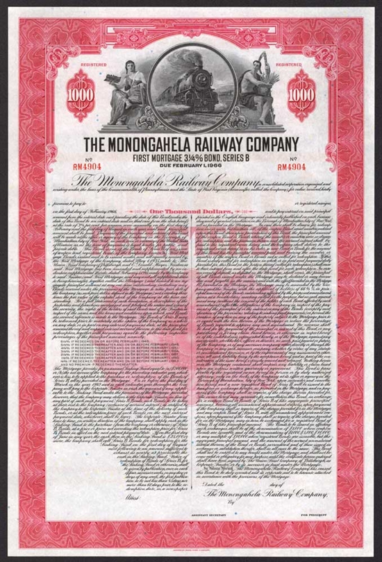 The Monongahela Railway Company $1000 Bond