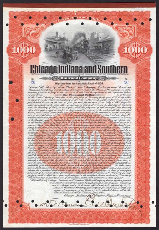 Chicago Indiana and Southern Railroad Company $1000 Gold Bond - 1906