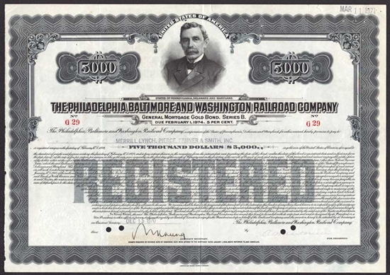 The Philadelphia, Baltimore and Washington Railroad Company $5,000 Gold Bond