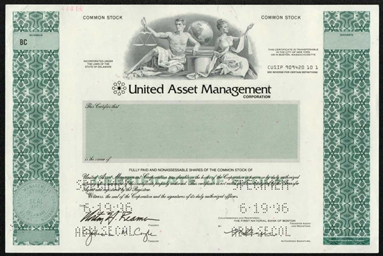 United Asset Management Specimen Stock Certificate